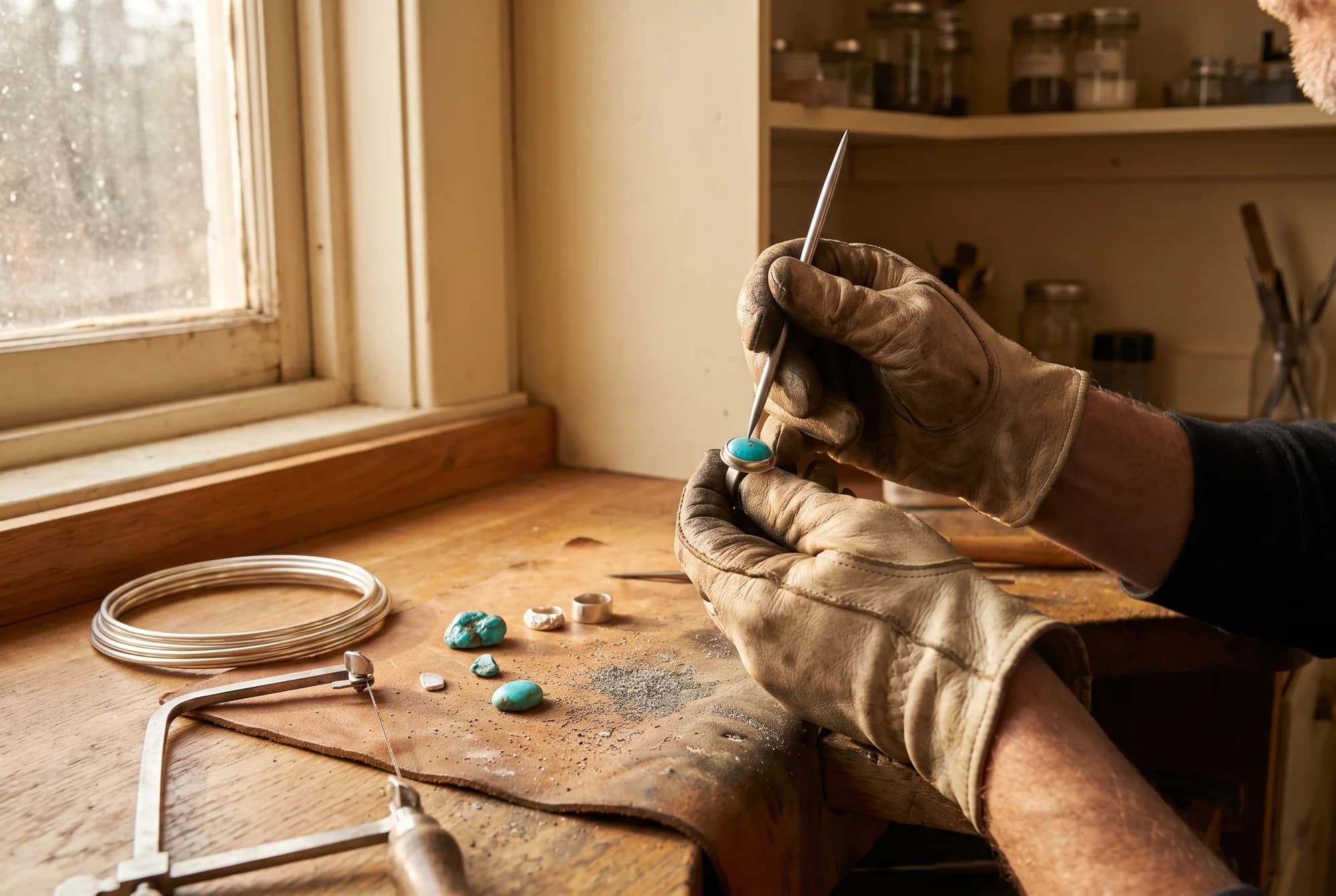Hands setting a turquoise cabochon into a silver ring at a jeweller's bench