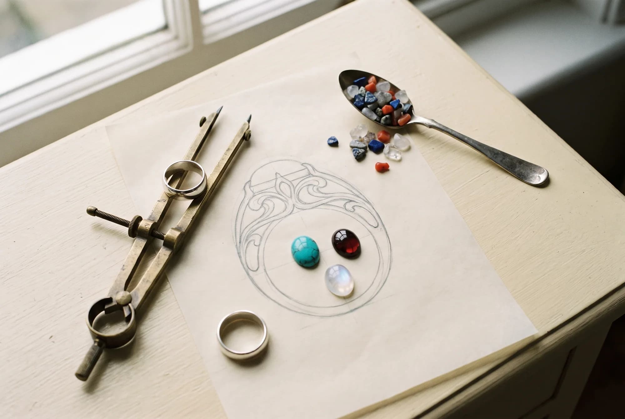 Pencil sketch of a ring beside a silver band and three loose stones