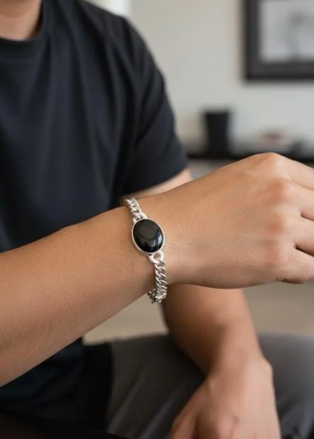 Black Onyx Men's Bracelet in 925 sterling silver, view 1