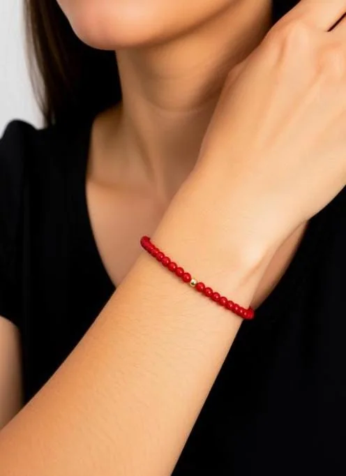 Red Coral Beaded Bracelet in 925 sterling silver, view 1