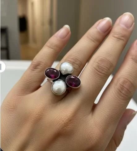 Ruby and Pearl Silver Ring in 925 sterling silver, view 1