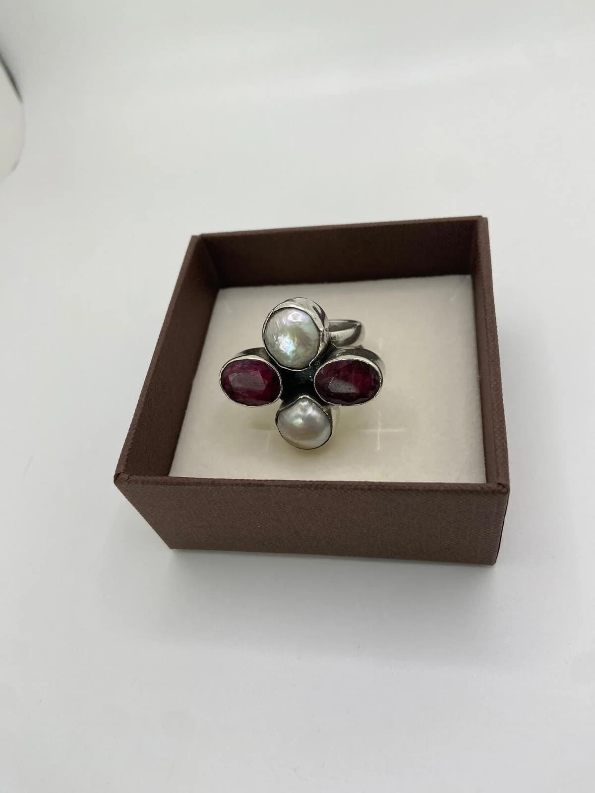 Ruby and Pearl Silver Ring in 925 sterling silver, view 3