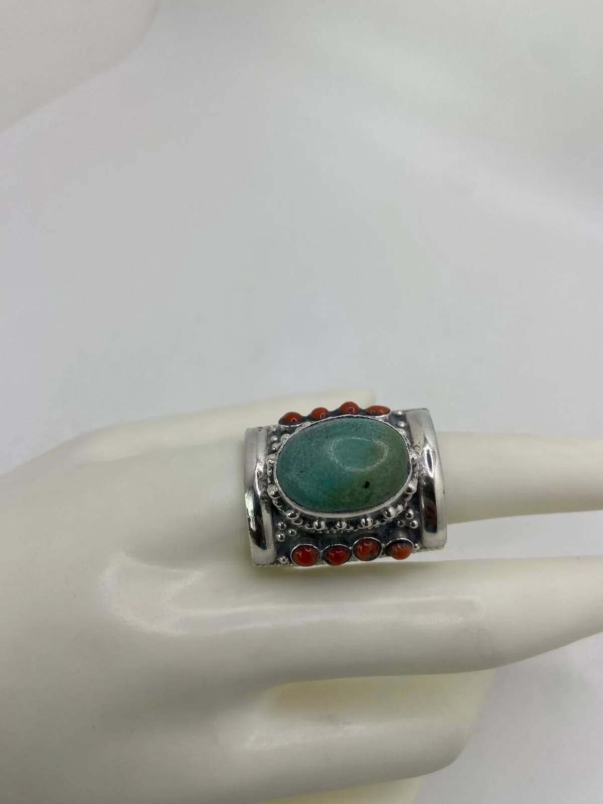 Ancient Turquoise & Coral Ring in 925 sterling silver, view 1