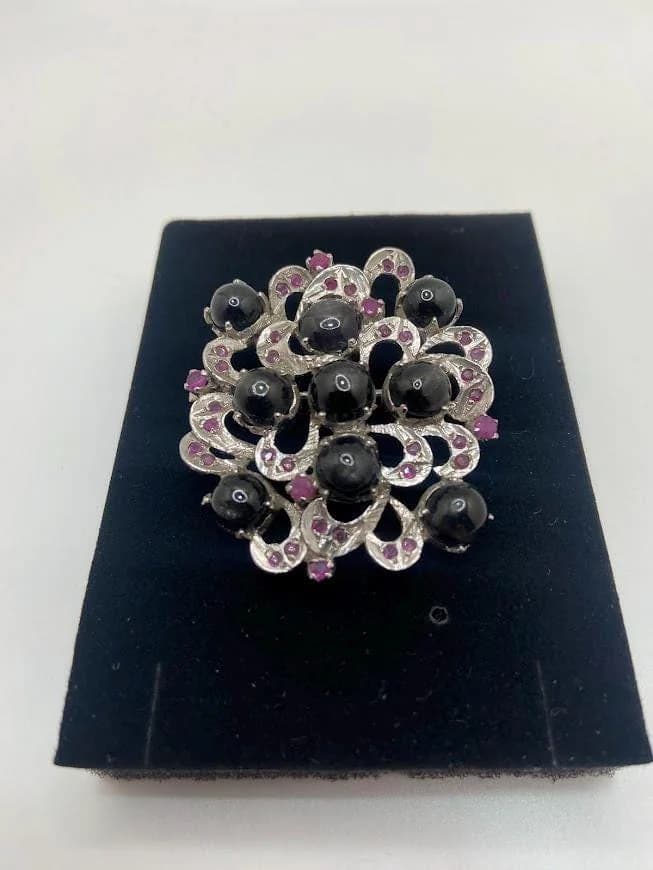 Black Star & Ruby Brooch + Pendant 2-in-1 in 925 sterling silver, view 1