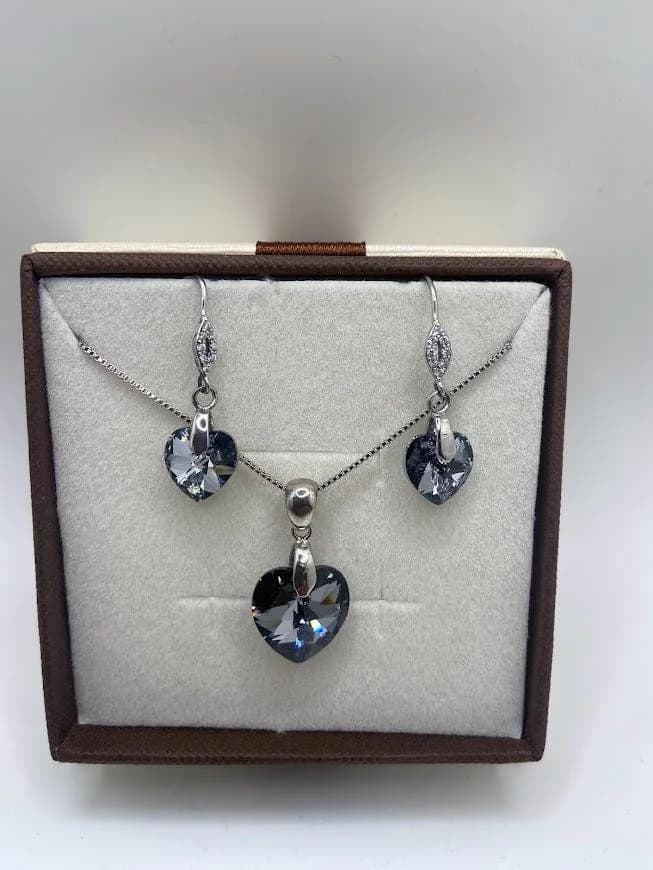 Blue/Grey Crystal Necklace and Earring in 925 sterling silver, view 1