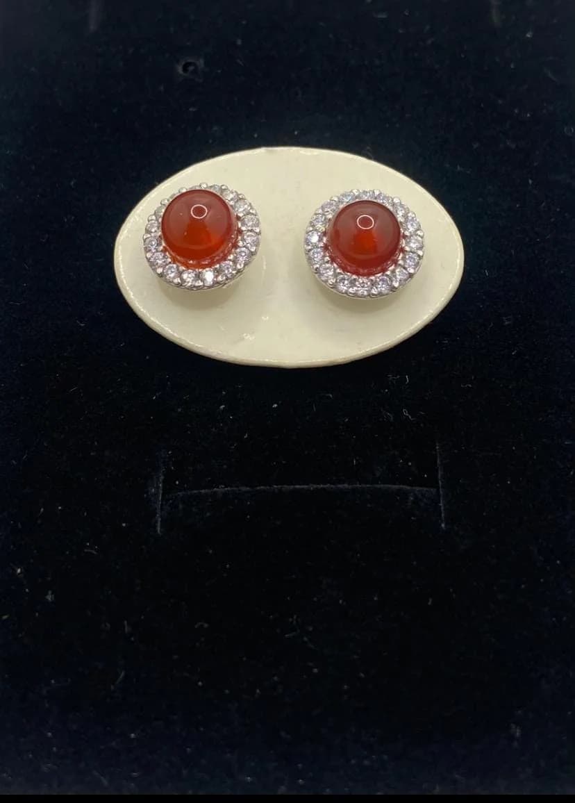 Cabochon Garnet & Zircon Earring in 925 sterling silver, view 1