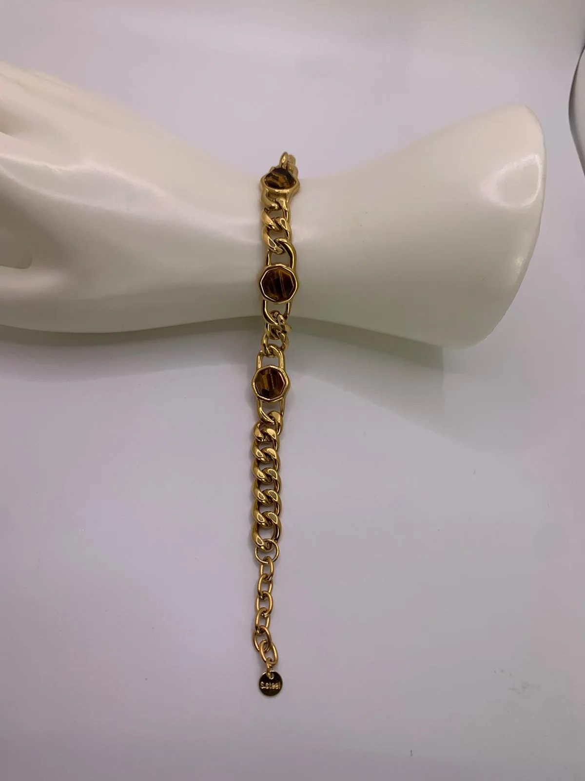 Chic Tiger Eye -Style Gold Plated Curb Chain Bracelet in 925 sterling silver, view 1