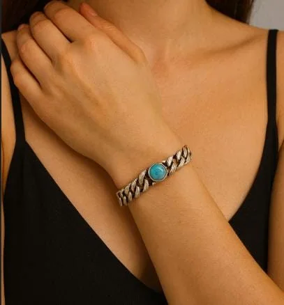 Chunky Turquoise Sterling Silver Curb Chain Bracelet in 925 sterling silver, view 1