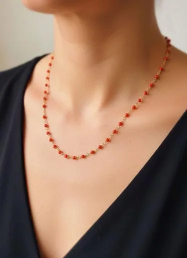Dainty Mediterranean Coral Necklace in 925 sterling silver, view 1