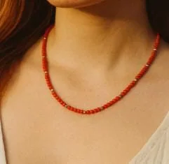 Dainty Mediterranean Coral Necklace in 925 sterling silver, view 1