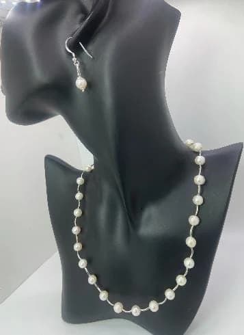 Elegant Freshwater Pearl Necklace, Bracelet & Earrings Set in 925 sterling silver, view 1