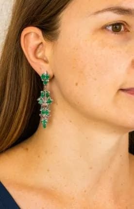 Emerald and Ruby Long Hanging Earrings in 925 sterling silver, view 1