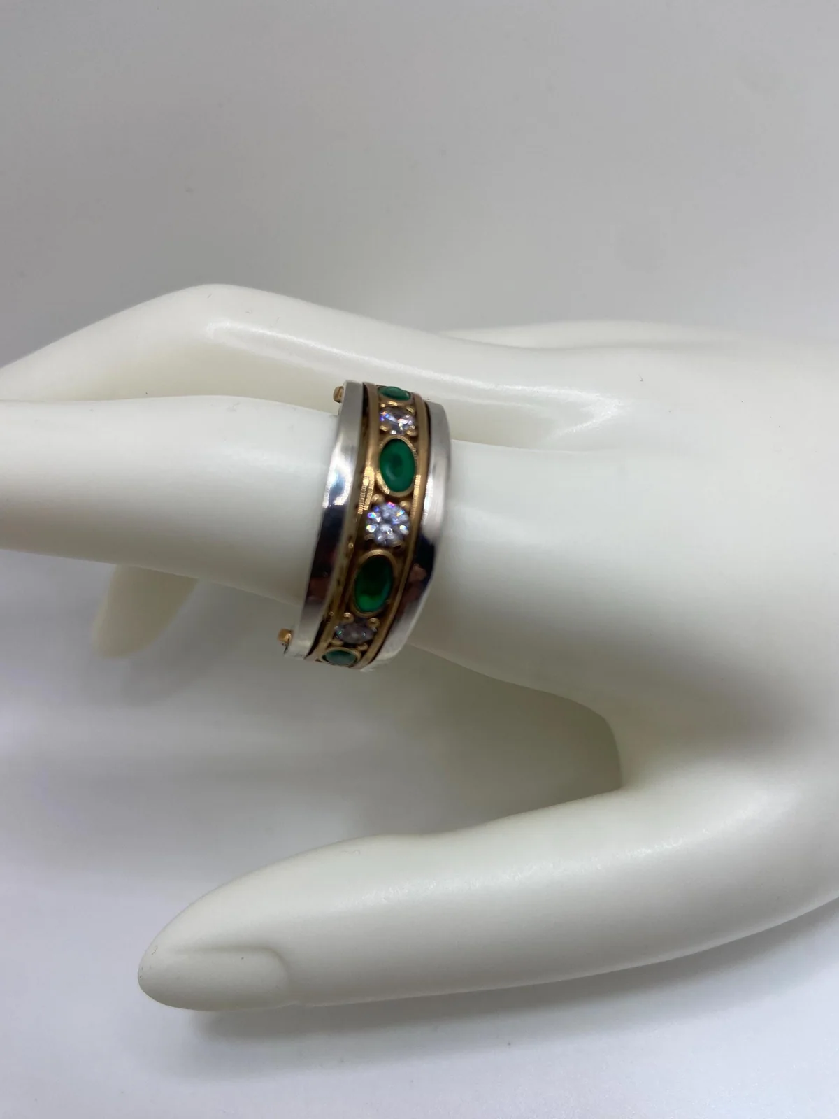 Emerald and White Cubic Zirconia Gold-Plated Silver Ring in 925 sterling silver, view 1