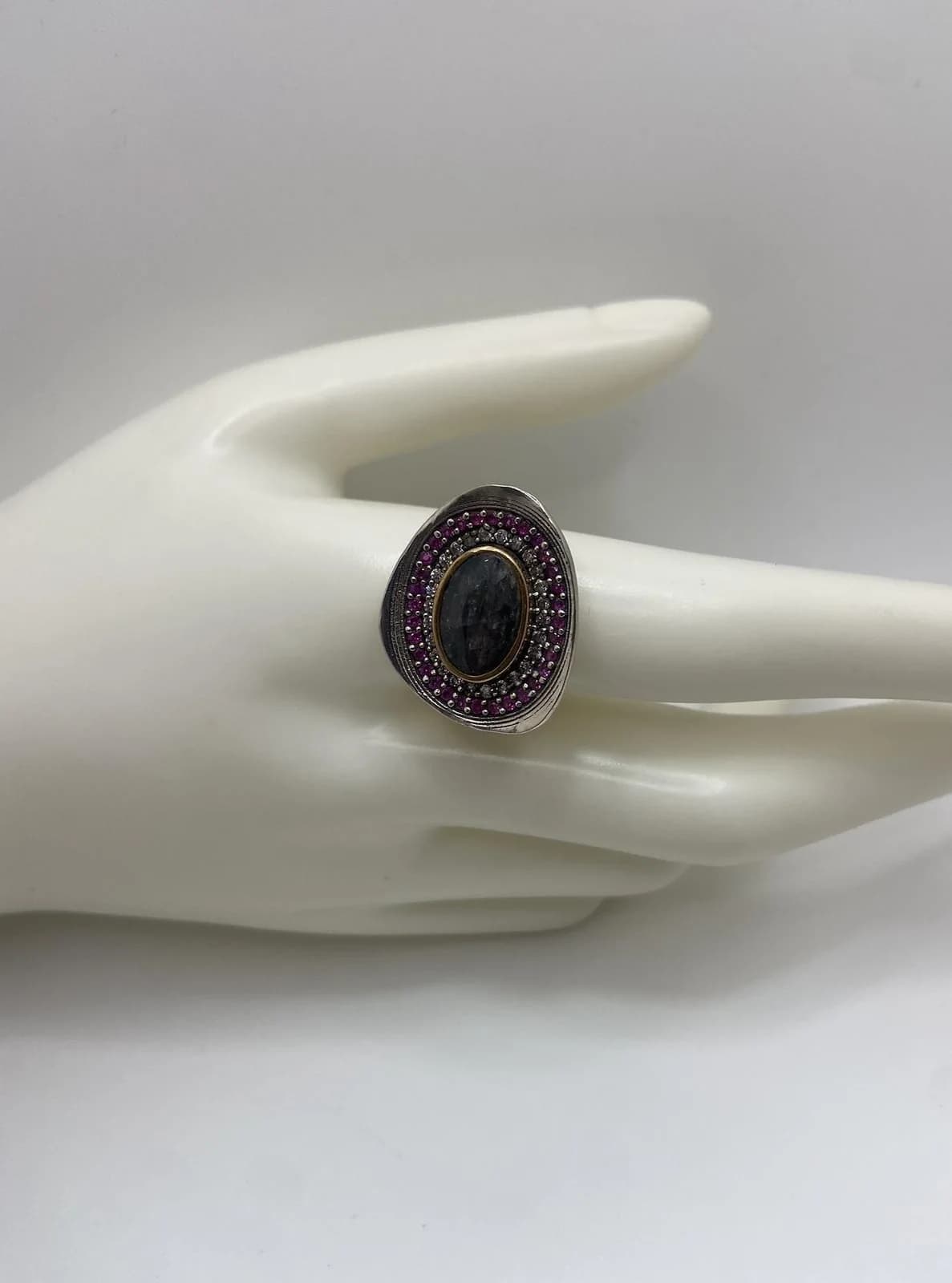 Exquisite Ruby, Black Sapphire, and Zircon Sterling Silver Ring in 925 sterling silver, view 1