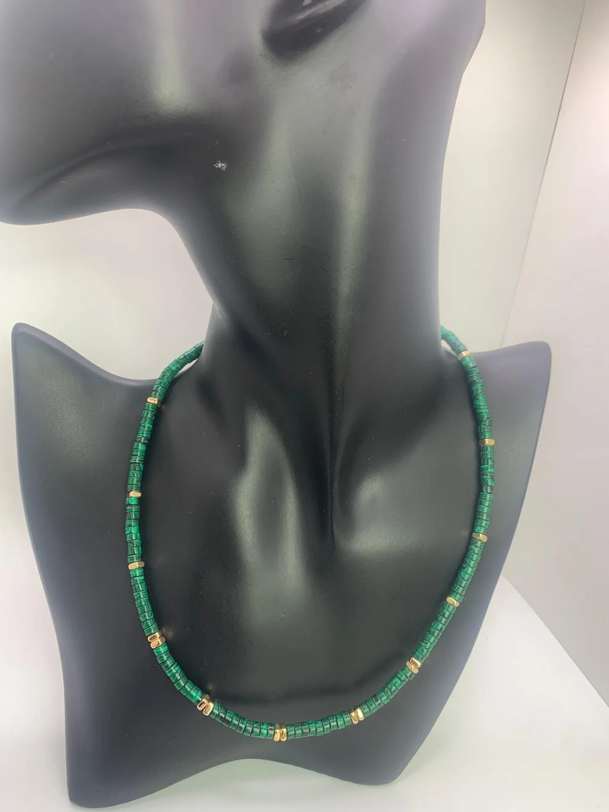 Malachite Beaded Necklace with 14k Gold-Toned Spacers in 925 sterling silver, view 1