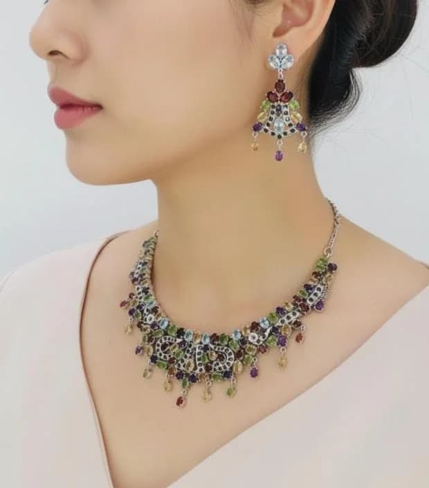 Multi Colour Stone Jewellery Set in 925 sterling silver, view 1
