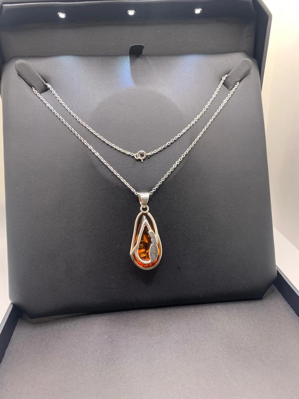 Natural Cognac Amber Teardrop Pendant Necklace in 925 sterling silver, view 1