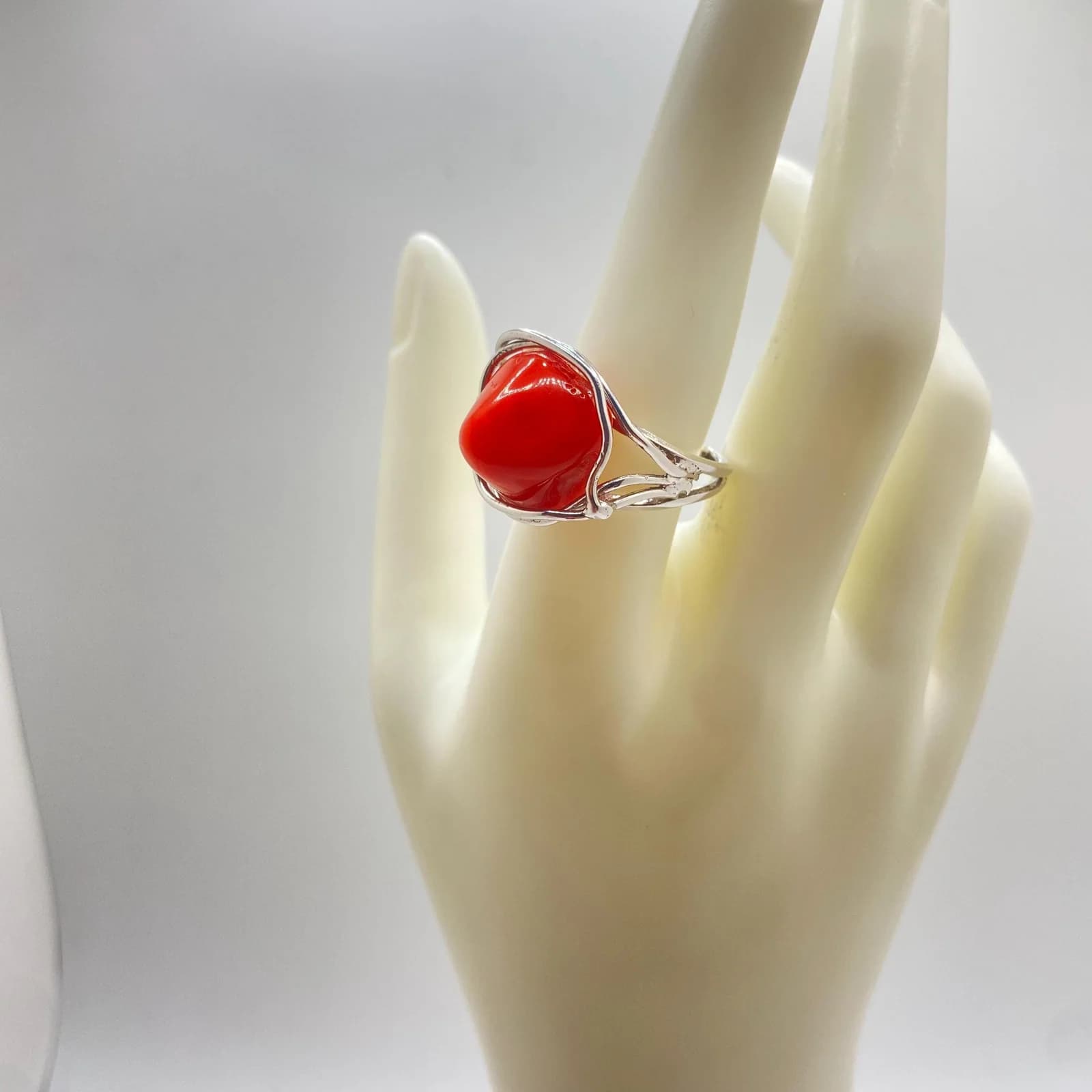 Natural Italian Coral Stone Sterling Silver Ring in 925 sterling silver, view 1
