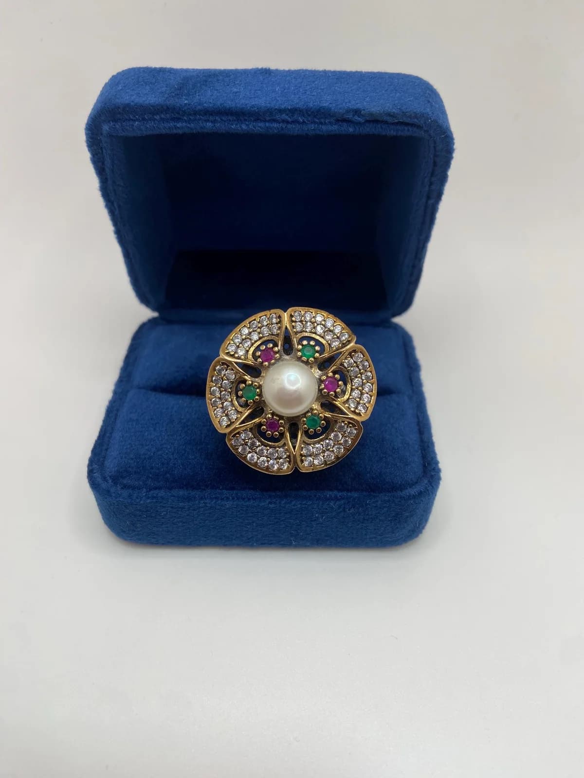 Ottoman-Inspired Ruby and Emerald Ring with Freshwater Pearl in 925 sterling silver, view 1