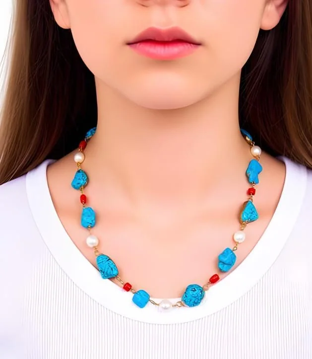 Pearl, Turquoise & Coral Nugget Necklace with Gold Plating and in 925 sterling silver, view 1
