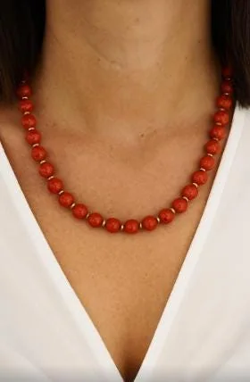 Red Coral Classic Bead Necklace in 925 sterling silver, view 1