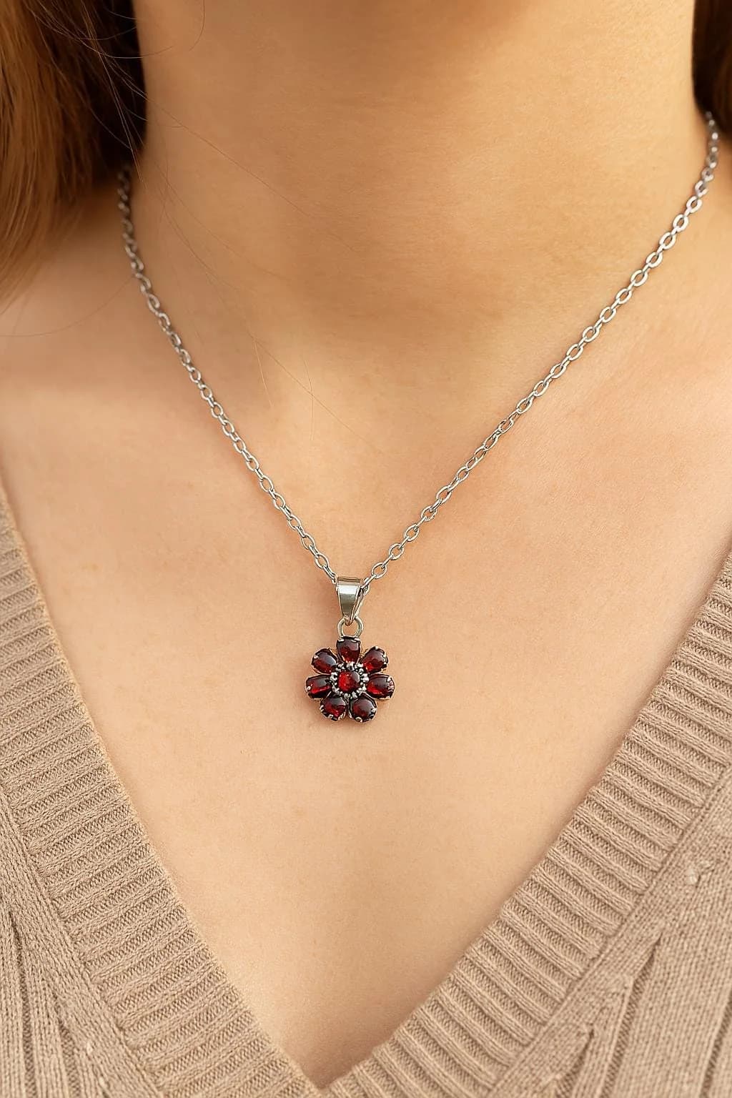 Red Garnet Crystal Flower Pendant Necklace in 925 sterling silver, view 1