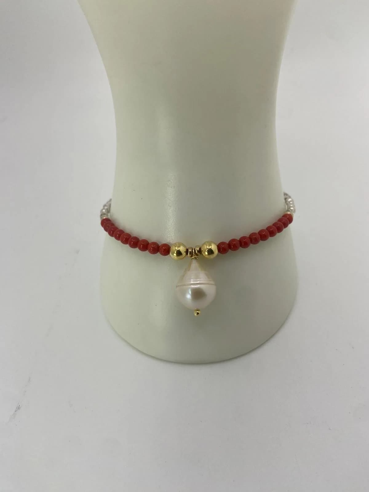 Red Italian Coral & Freshwater Pearl Bracelet in 925 sterling silver, view 1