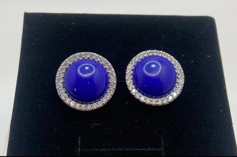 Round Dark Blue Lapis Lazuli Silver Stud Earrings in 925 sterling silver, view 1