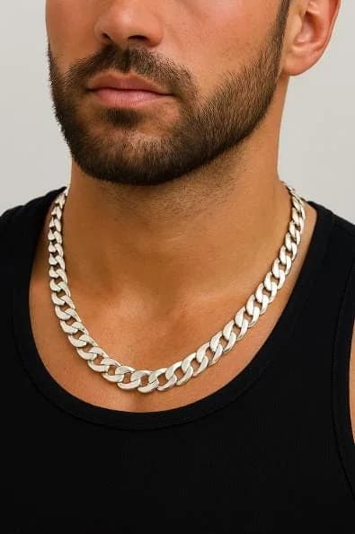 Silver 925 Polished Silver-Tone Miami Curb Chain Necklace in 925 sterling silver, view 1