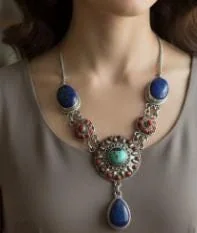 Silver, Coral, Turquoise & Lapis Antique Necklace in 925 sterling silver, view 1