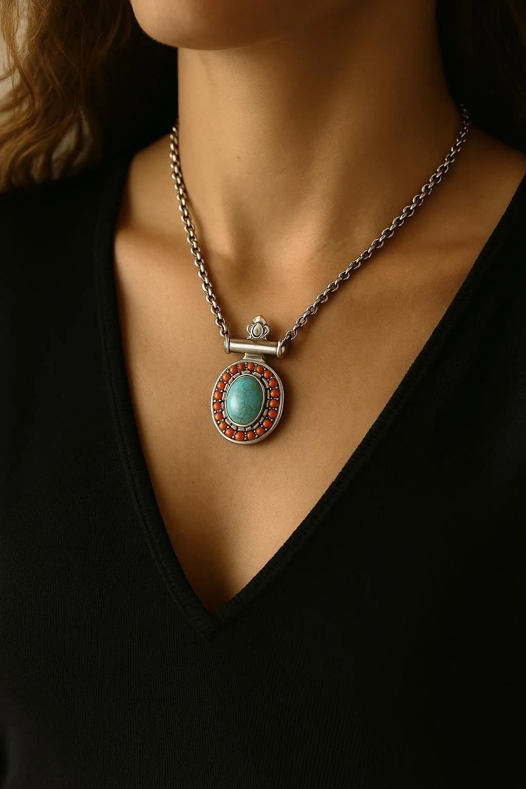 Tibet Sterling Silver Red Coral Necklace in 925 sterling silver, view 1