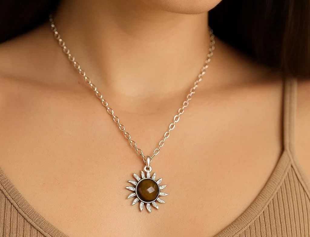 Tiger’s Eye Sun Pendant Necklace in 925 sterling silver, view 1
