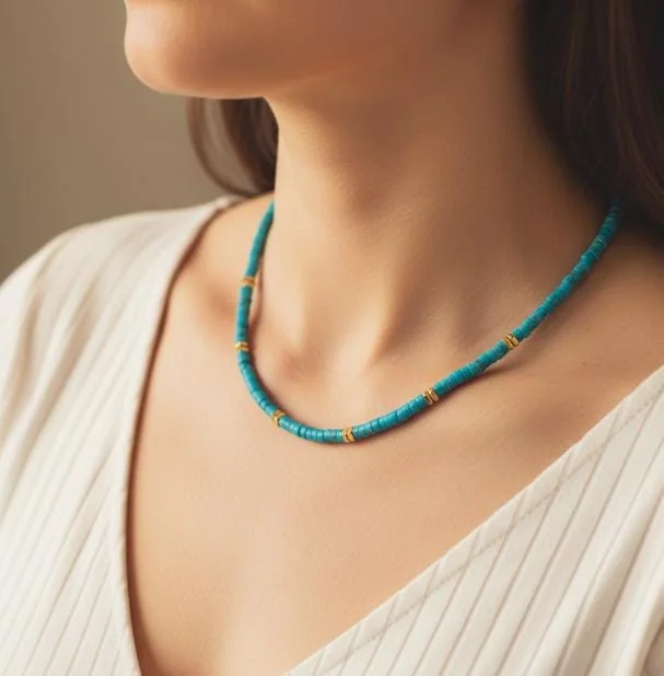 Turquoise Heishi Bead Choker with 14k Gold Accents & Sterling in 925 sterling silver, view 1