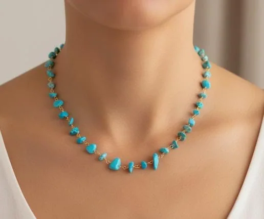 Turquoise Stone Necklace with Gold-Plated ,rosary Chain & 925 in 925 sterling silver, view 1