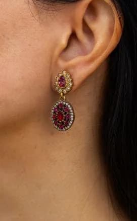 Vintage Ottoman-Style Silver and Bronze Earrings with Ruby in 925 sterling silver, view 1